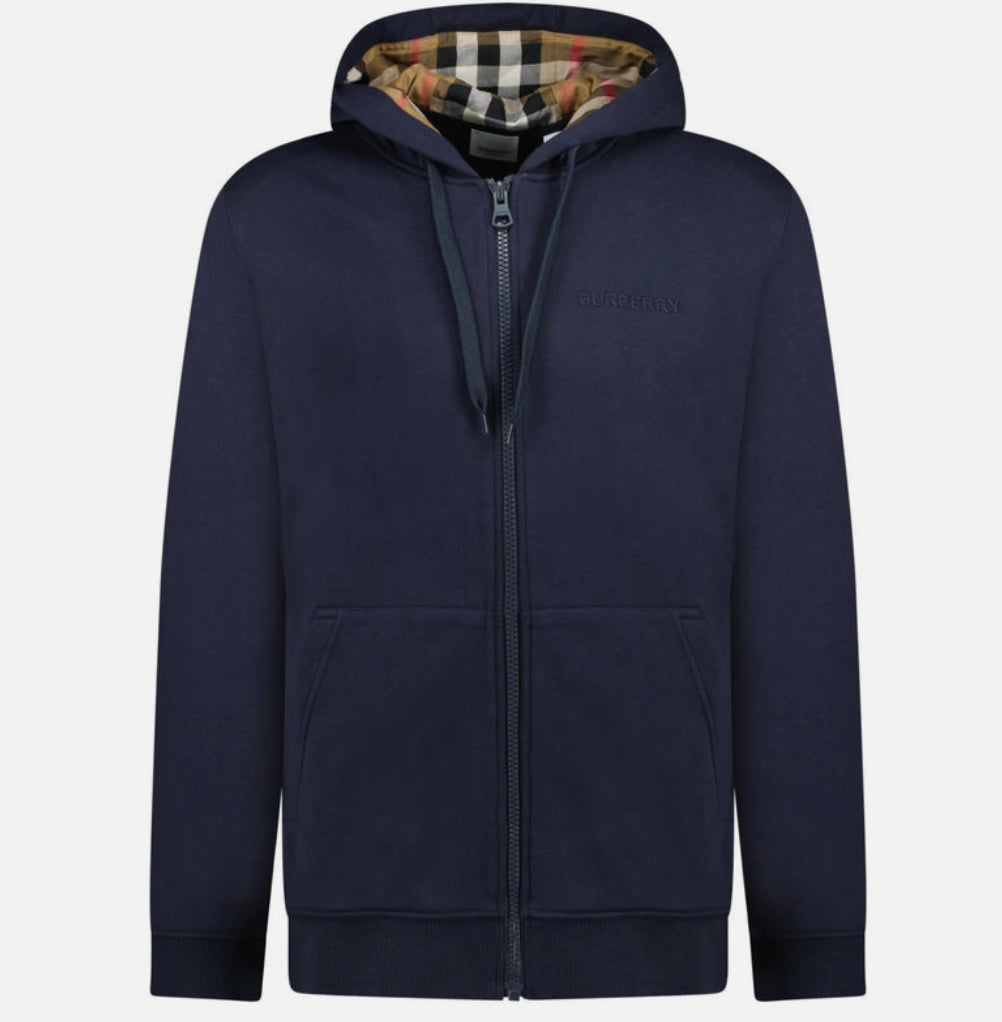 Burberry 'Hove' check Hood Embroidery Logo Hoodie Zip Sweatshirt Navy