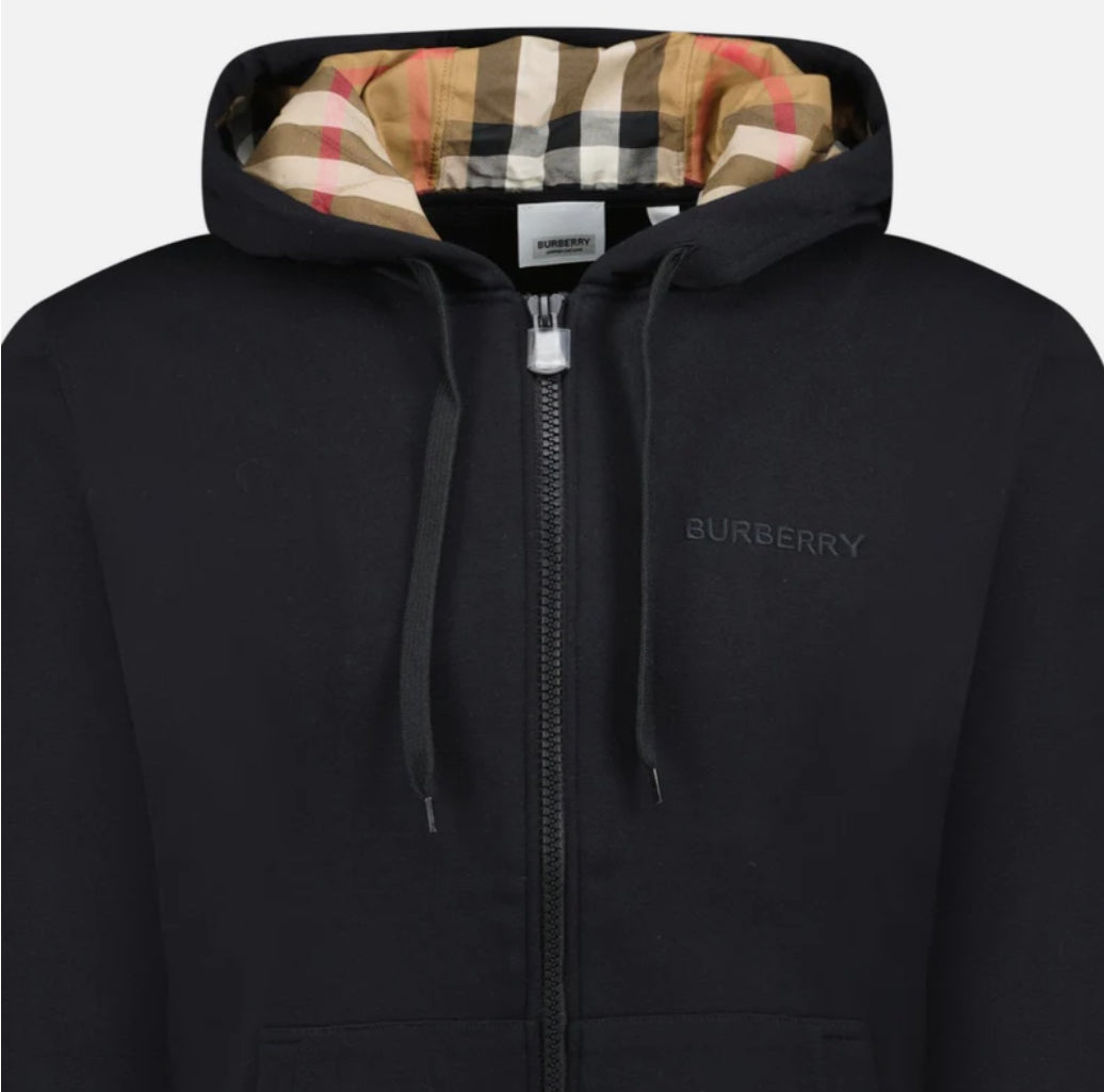 Burberry 'Hove' check Hood Embroidery Logo Hoodie Zip Sweatshirt Black