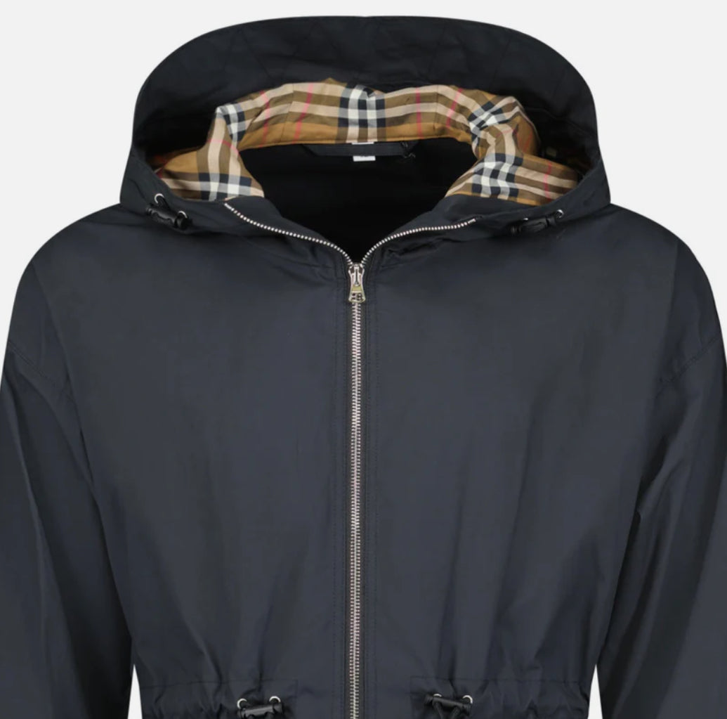 Women’s Burberry 'Birley' Check Hooded Rain Jacket Black