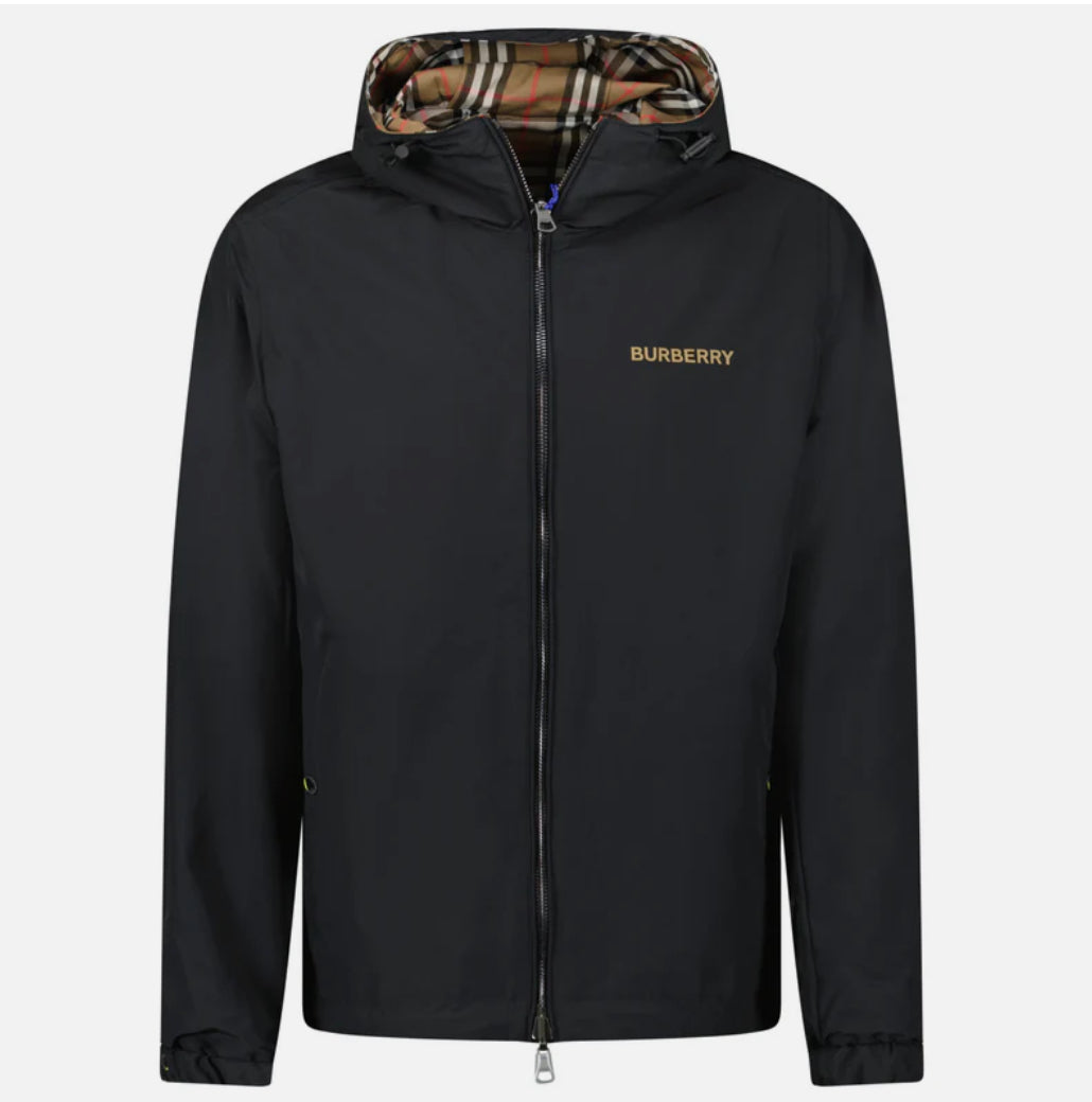 Burberry 'Stanford' Zip-Up Check Reversible Hooded Jacket Black & Check
