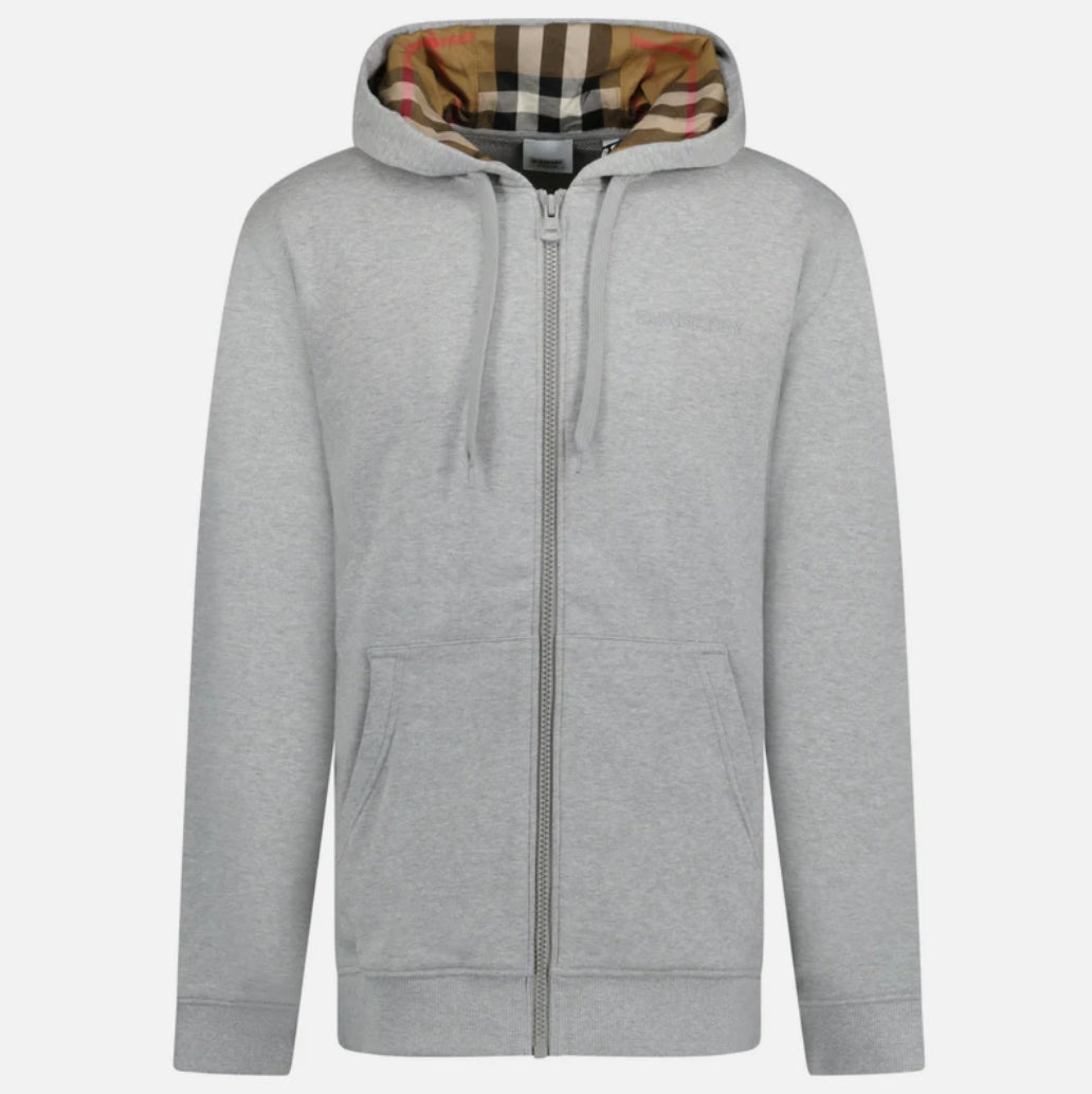 Burberry 'Hove' check Hood Embroidery Logo Hoodie Zip Sweatshirt Grey