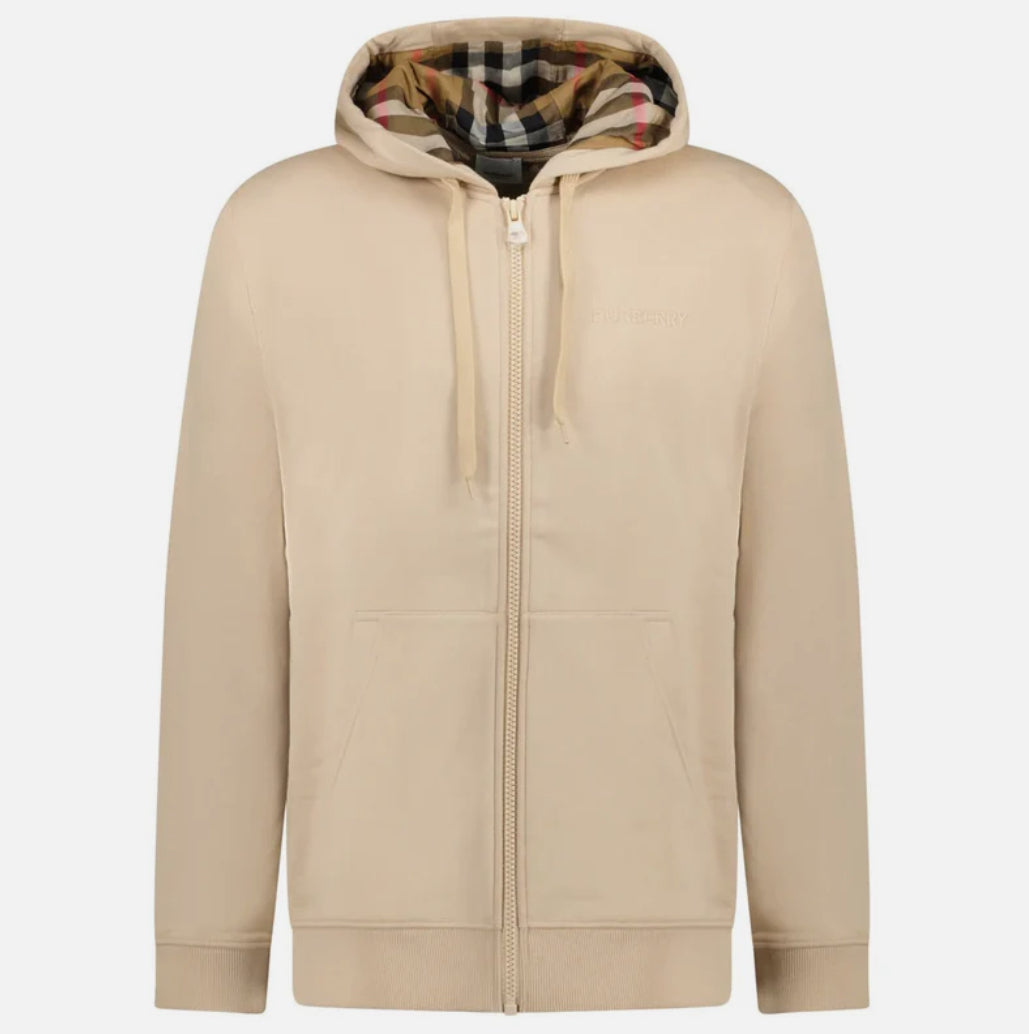 Burberry 'Hove' check Hood Embroidery Logo Hoodie Zip Sweatshirt Beige