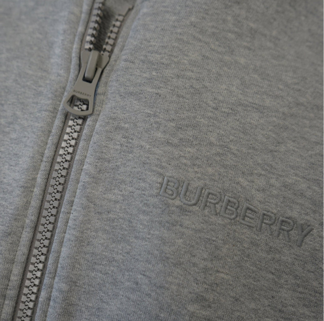 Burberry 'Hove' check Hood Embroidery Logo Hoodie Zip Sweatshirt Grey