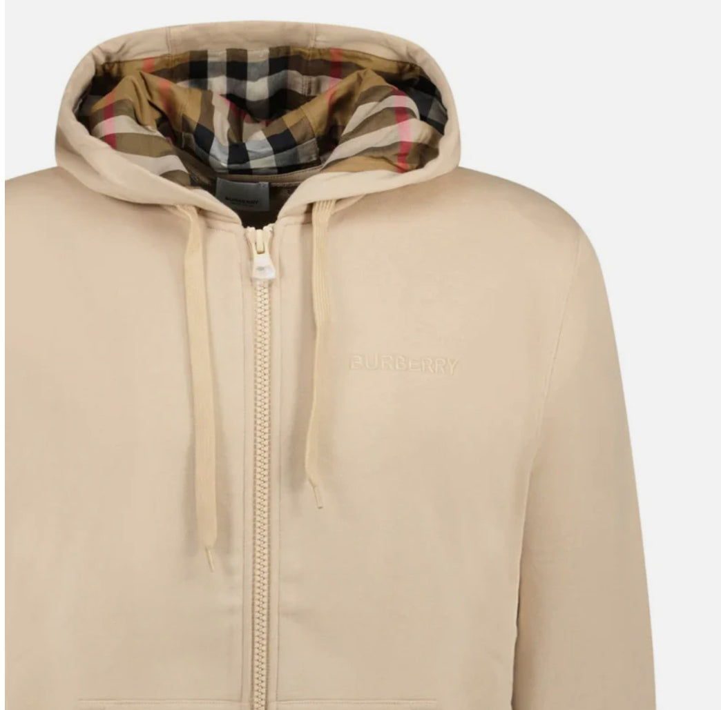Burberry 'Hove' check Hood Embroidery Logo Hoodie Zip Sweatshirt Beige