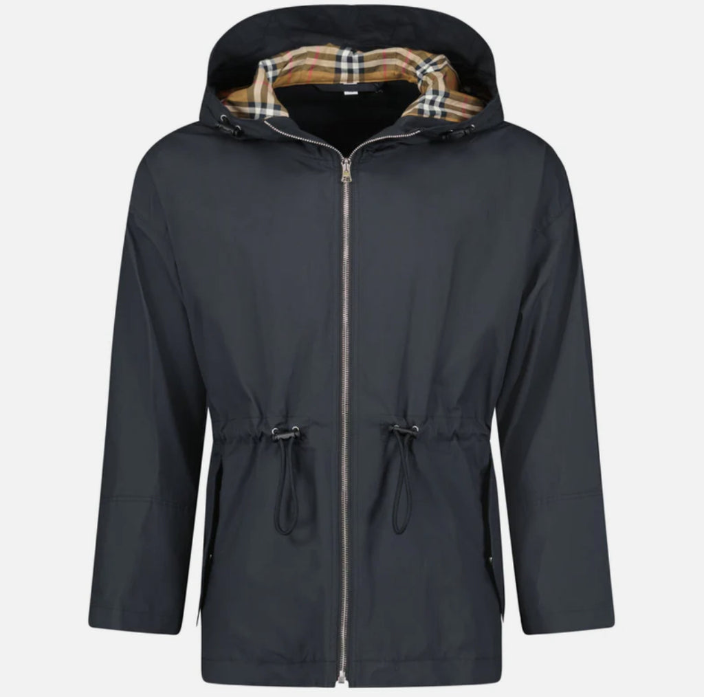 Women’s Burberry 'Birley' Check Hooded Rain Jacket Black