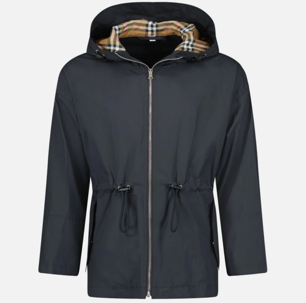 Women’s Burberry 'Birley' Check Hooded Rain Jacket Black