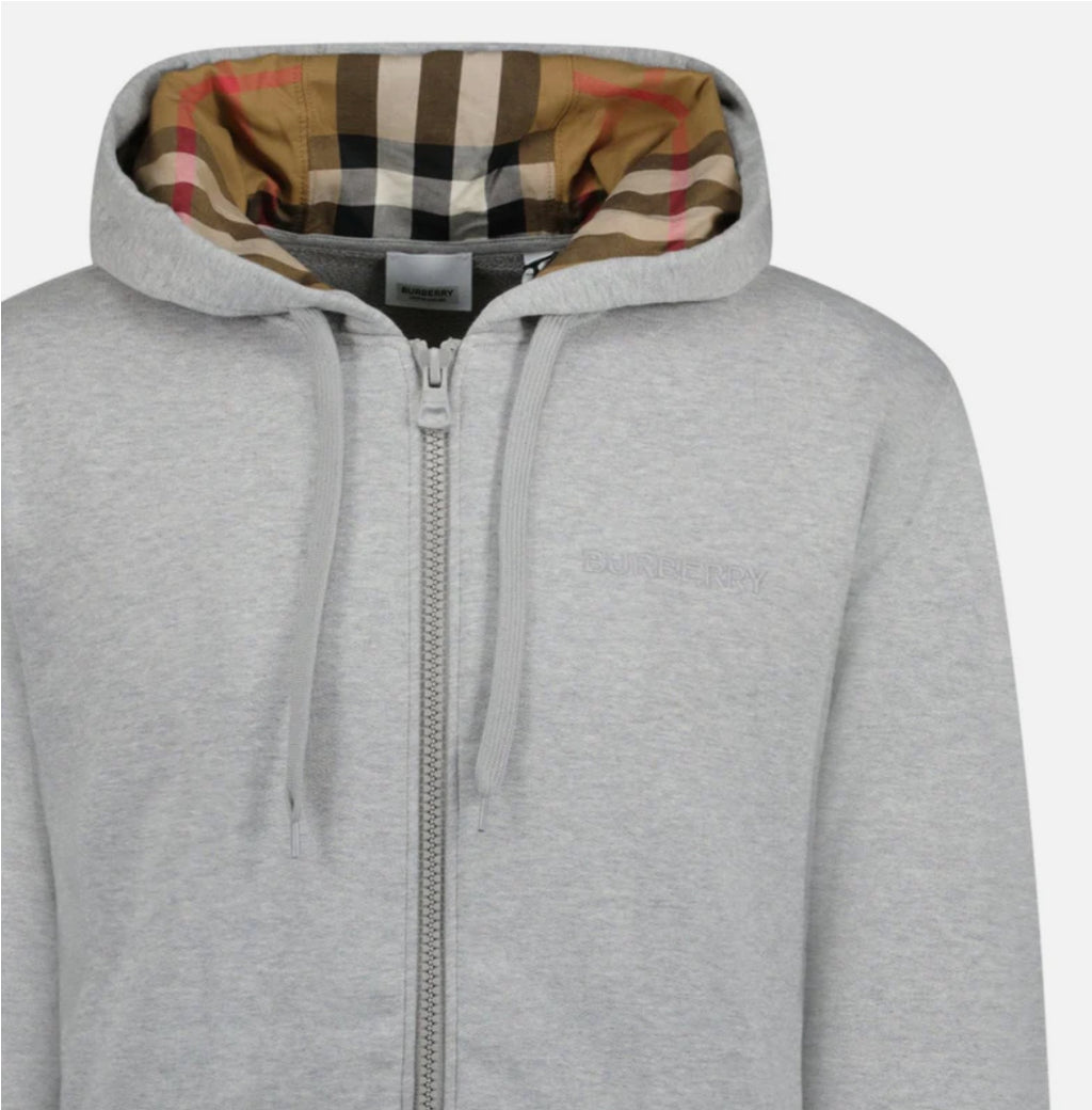 Burberry 'Hove' check Hood Embroidery Logo Hoodie Zip Sweatshirt Grey
