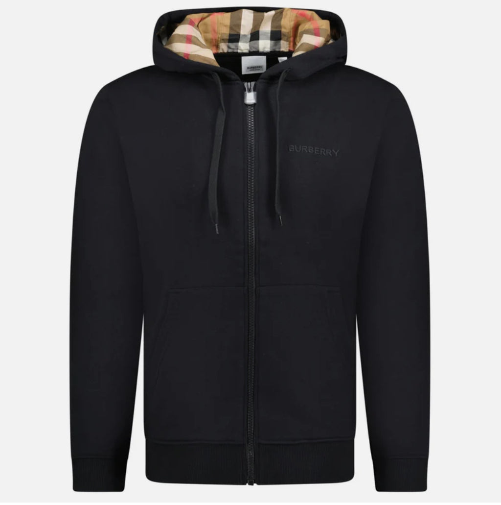 Burberry 'Hove' check Hood Embroidery Logo Hoodie Zip Sweatshirt Black