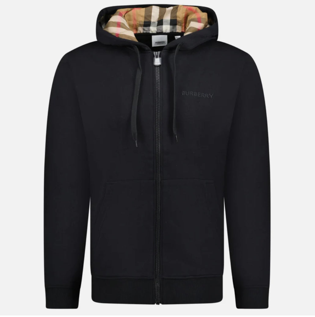 Burberry 'Hove' check Hood Embroidery Logo Hoodie Zip Sweatshirt Black