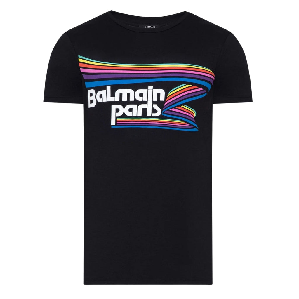BALMAIN VH1EF000G016 Balmain Paris Rainbow Multi Logo Black T-Shirt AAA BLACK T-SHIRT MALE S